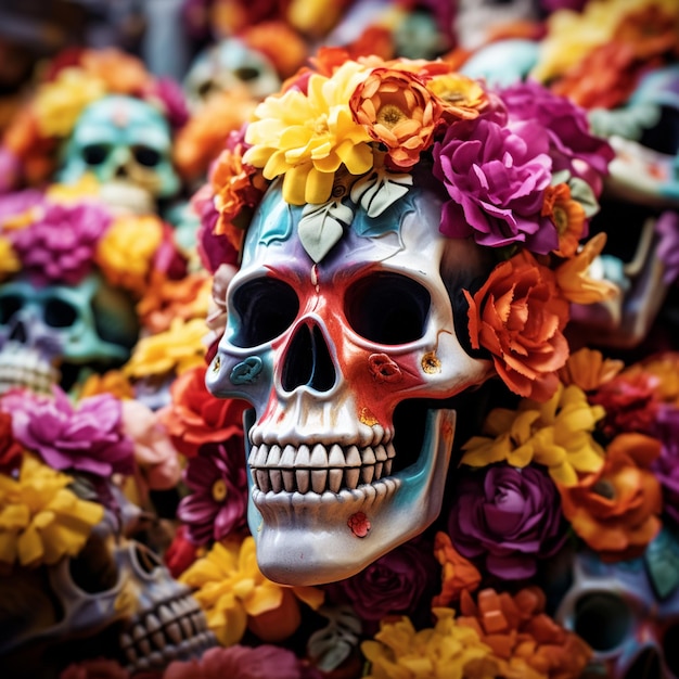 photo multi colored skulls and flowers adorn the festival