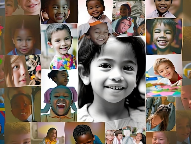 Foto collage di concetto di comunità multiculturale di foto di diversi volti sorridenti di persone su uno studio luminoso