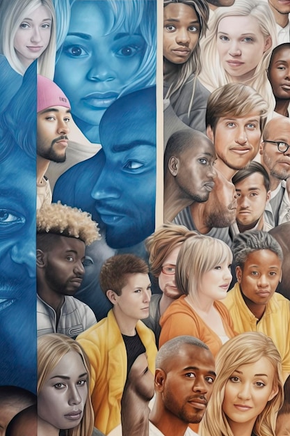 Foto collage di concetto di comunità multiculturale di foto di diversi volti sorridenti di persone su uno studio luminoso