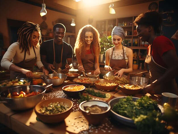 Photo of a multicultural cooking class where students prepare dishes diversity ethnicity peoples