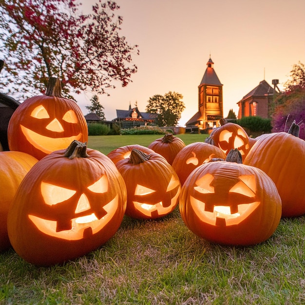 A photo of multiple carved jackolanterns placed in a garden at dusk