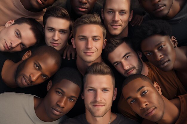 多人種の男性の顔の写真 上から見える 高品質の写真