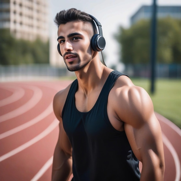 ワイヤレスヘッドフォンをかぶった筋肉の強いアラブ人男性アスリートの写真