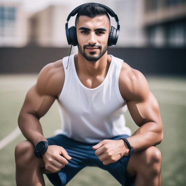 Foto foto di un atleta maschio arabo muscoloso che indossa cuffie wireless