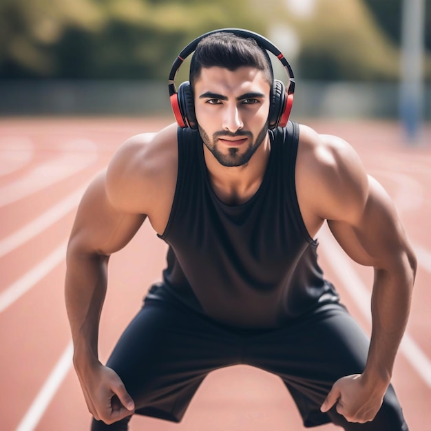 ワイヤレスヘッドフォンをかぶった筋肉の強いアラブ人男性アスリートの写真