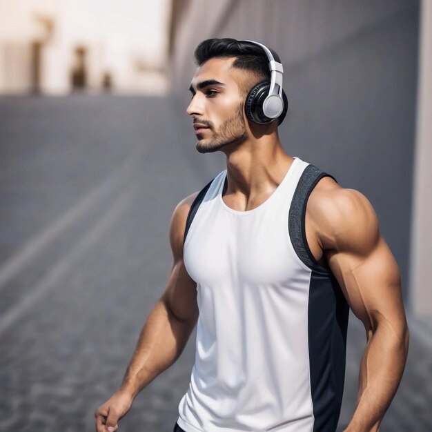 Foto foto di un atleta maschio arabo muscoloso che indossa cuffie wireless