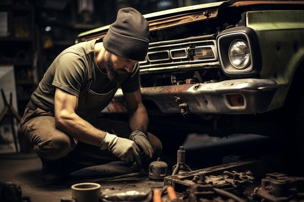 Foto lavoratore di servizio automobilistico muscolare che ripara veicoli