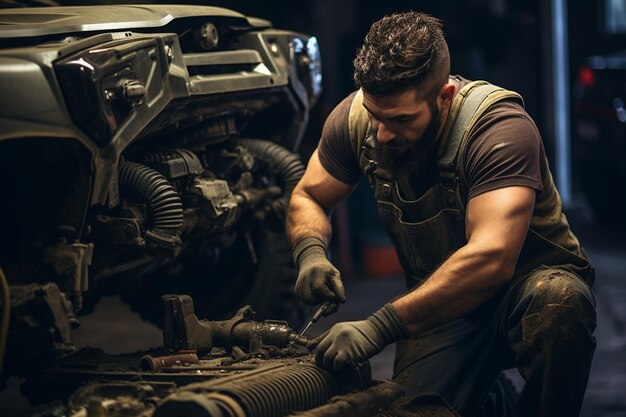 Foto lavoratore di servizio automobilistico muscolare che ripara veicoli