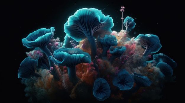 A photo of mushrooms in a dark background