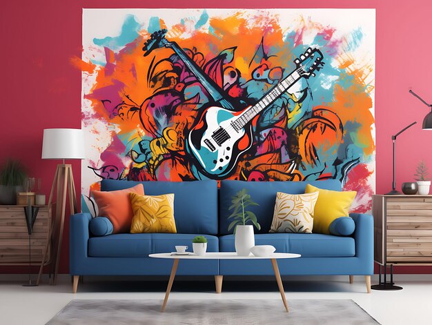 Photo of Music Festival Room Unisex With Festival Posters Guitar Wall Content Creator Live Stream