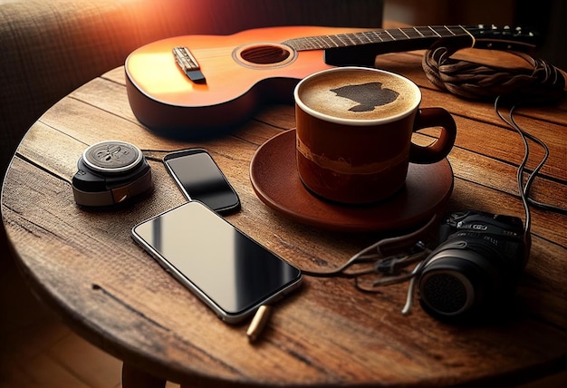 Photo music objects with guitar gadget and coffee on the table in classic style World music day