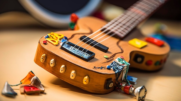 A Photo of Musical Toy Guitar with Strings and Picks