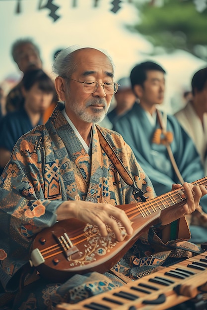 Photo of Musicians Playing Traditional Instruments at the Obon Festiv Festival Holiday Concept