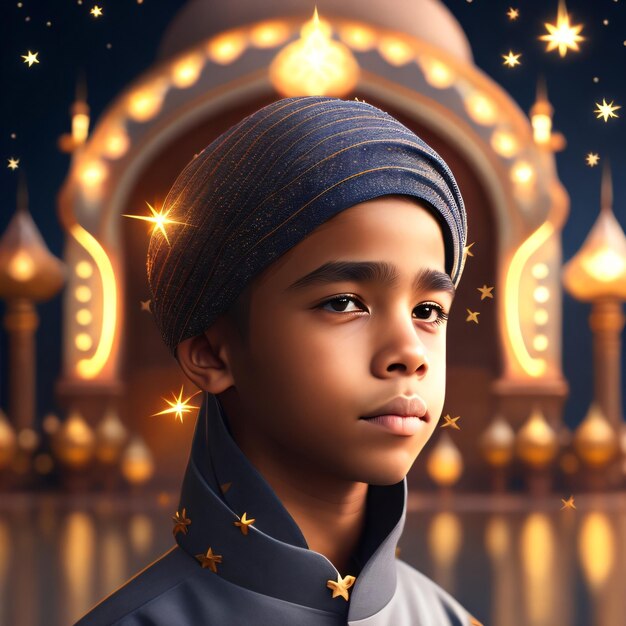 Photo of a Muslim boy wearing Islamic dress on eid celebration eid ul fitr in front of a mosque