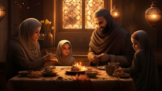 A photo of a Muslim family sharing a meal