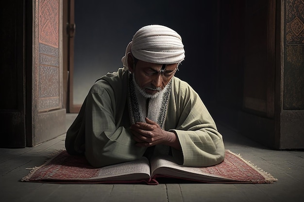 Photo muslim girl and boy reading a holy book quran inside the mosque