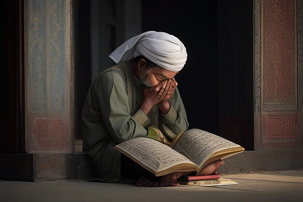 Фото мусульманская девушка и мальчик читают священную книгу Коран внутри мечети