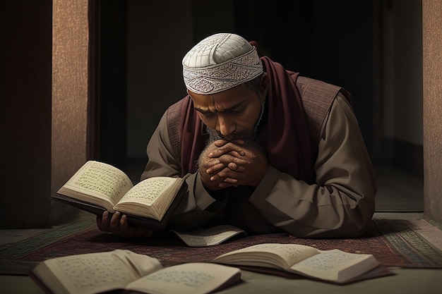 Photo muslim girl and boy reading a holy book quran inside the mosque