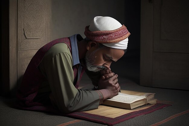 Photo muslim girl and boy reading a holy book quran inside the mosque