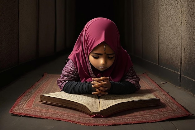 Фото мусульманская девушка и мальчик читают священную книгу Коран внутри мечети