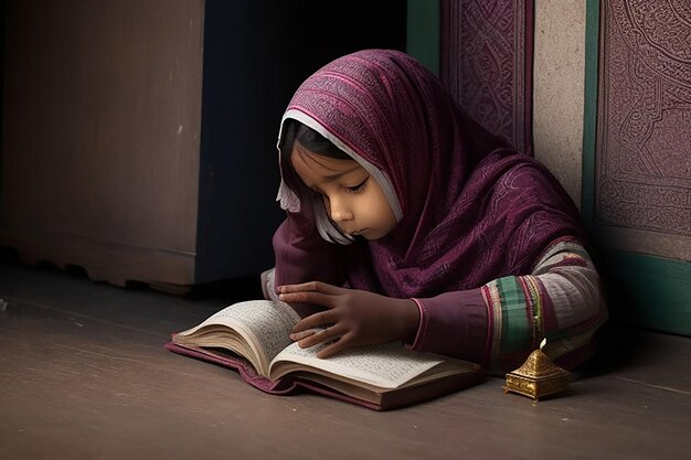 イスラム教徒の少女と少年がモスク内で聖書コーランを読んでいる写真
