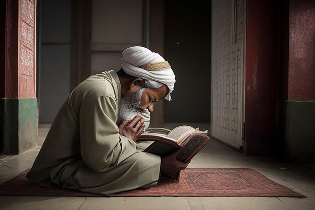 Photo muslim girl and boy reading a holy book quran inside the mosque