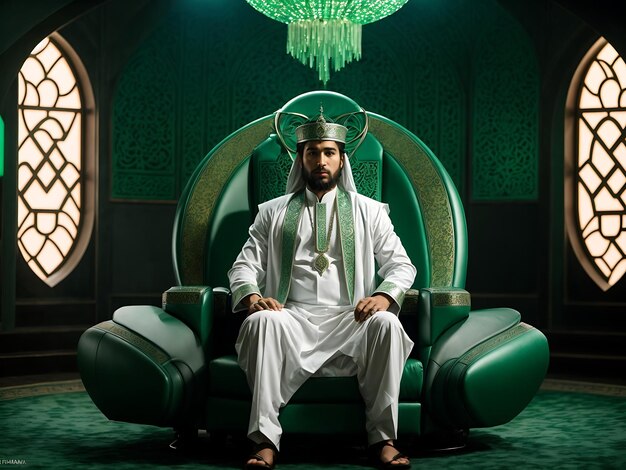 Фотография мусульманского лидера, сидящего в зеленой мечети.