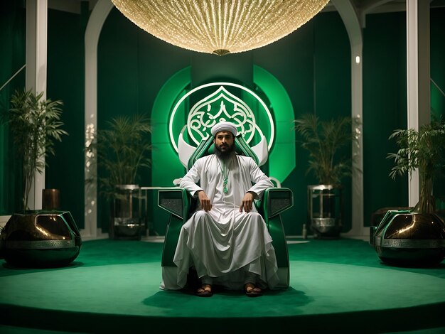 Photo of a Muslim leader sitting in a green masjid environment