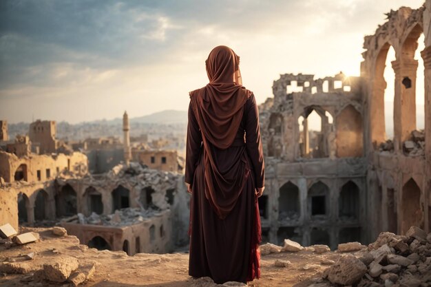 写真 戦争で破壊された都市とその廃墟を見下ろすヒジャブを着たイスラム教徒の女性の写真