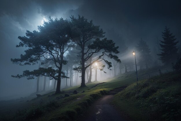 Фото таинственный лесный силуэт спокойная сцена черно-белый генеративный ай