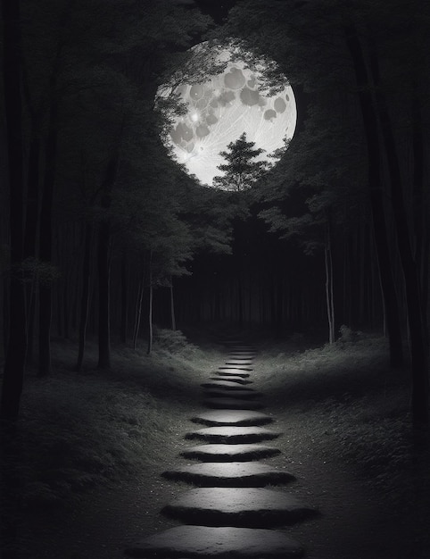 Photo of a mysterious forest staircase illuminated by the light of a full moon