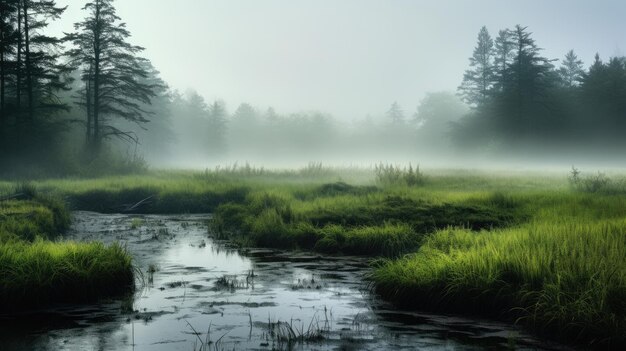 A photo of a mysterious misty marsh diffused light