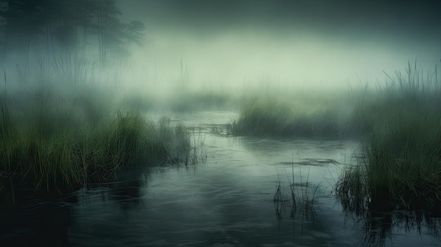 謎めいた霧の沼地の光が散らばった写真