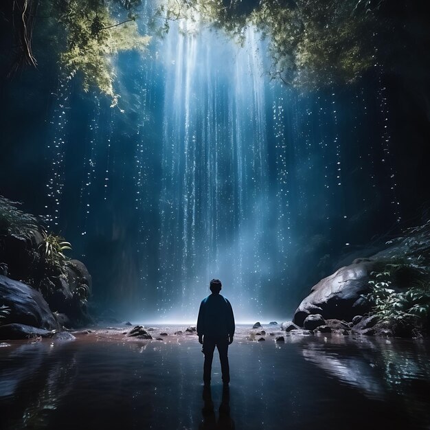 Premium AI Image Photo of Mystical Forest Waterfall a Person Stands