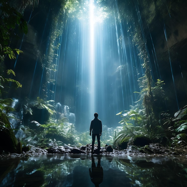 Premium AI Image Photo of Mystical Forest Waterfall a Person Stands