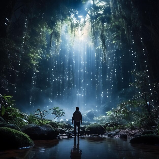 Premium AI Image Photo of Mystical Forest Waterfall a Person Stands