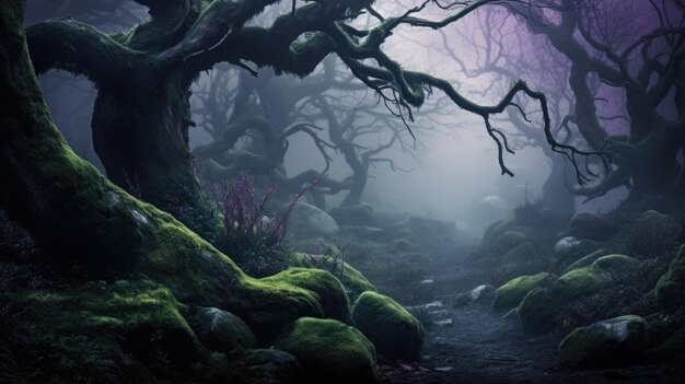 Photo a photo of a mystical forest with twisted trees ethereal mist