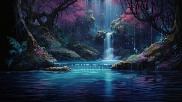 A photo of a mystical waterfall shimmering pool