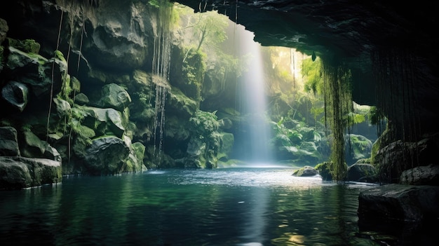 Photo a photo of a mythical waterfall in a hidden grotto soft diffused light