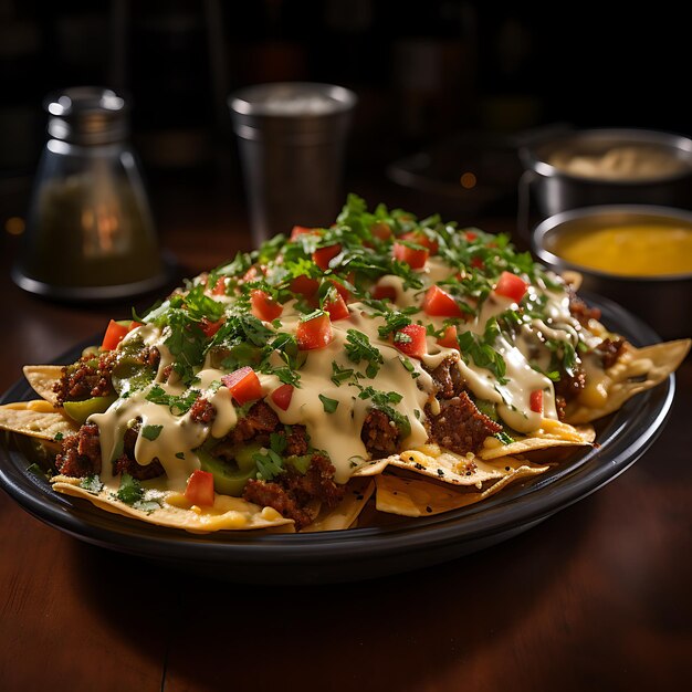 Photo photo of nachos with melted cheddar sauce on top