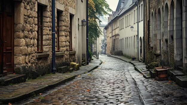 A photo of a narrow cobblestone street historic buildings on either side