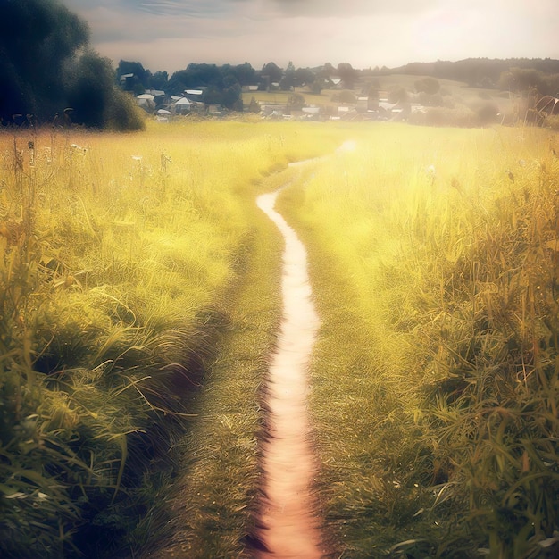 Foto photo sentiero stretto in un campo sullo sfondo di un villaggio