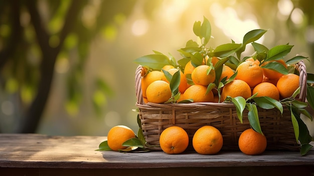 Photo of natural juicy orange fruits and juice with orange farm background