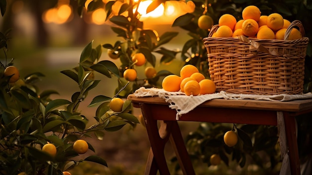 Photo of natural juicy orange fruits and juice with orange farm background