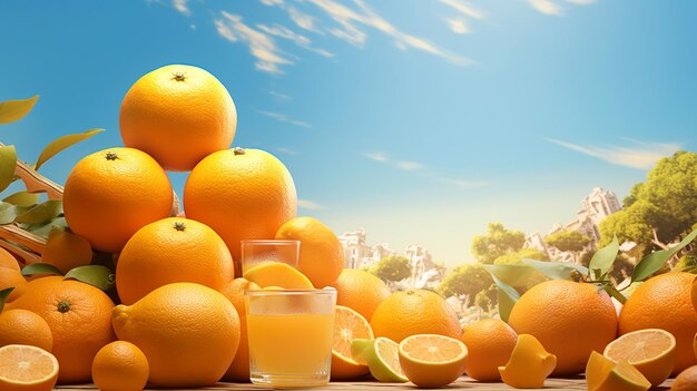 Photo of natural juicy orange fruits and juice with orange farm background