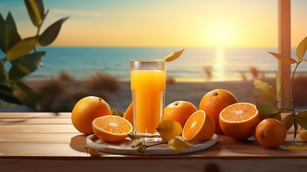 オレンジ農園の背景に自然のジューシーなオレンジの果物とジュースの写真
