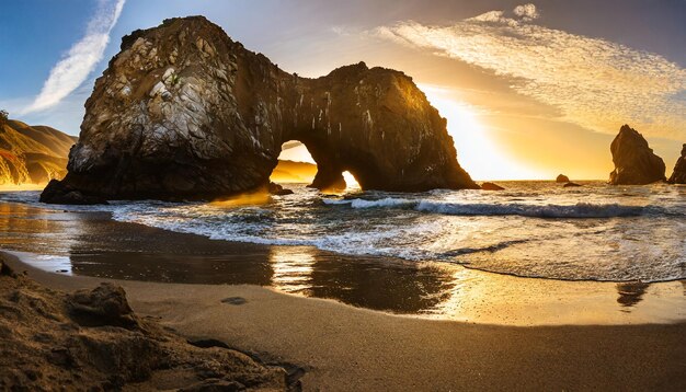 photo natural rock arch on the pfeiffer beach during the sunset in big sur california