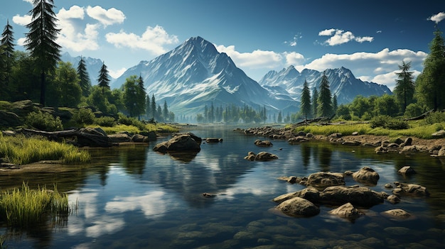 写真 写真 静かな山の水に映る自然の美しさ