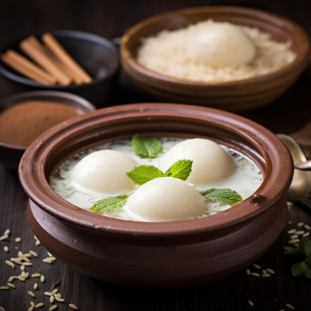 Photo ndian sweet or dessert rasgulla in clay pot