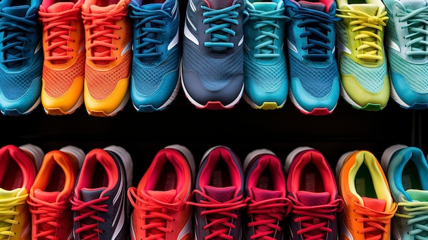 A photo of a neatly arranged row of colorful running shoes